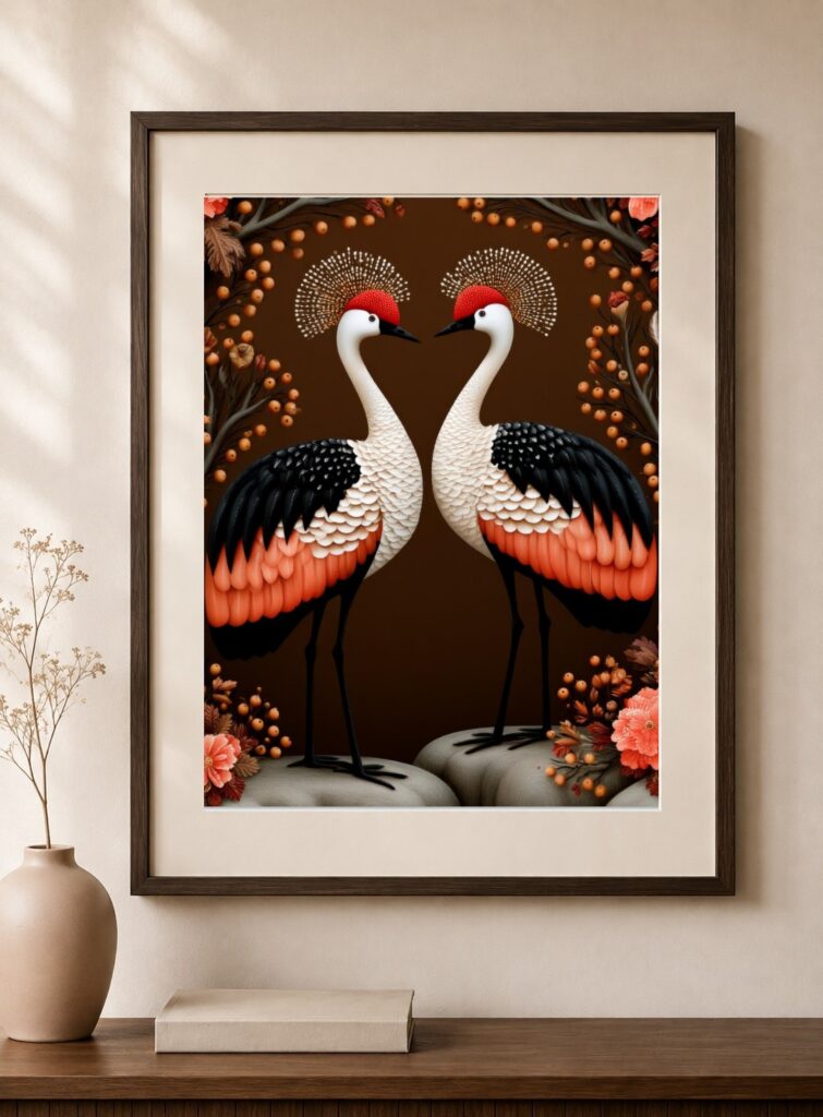 Japanese Crane, Dark Folk Art Print