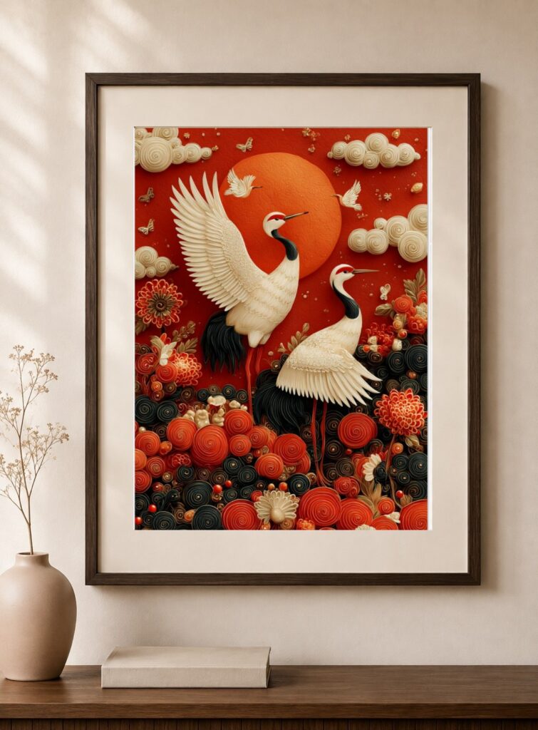 Japanese Crane, Red Sun Sky Art Print