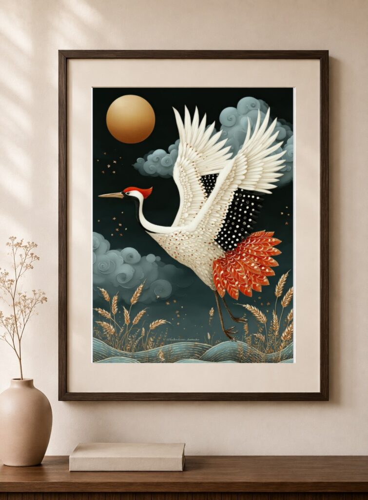 Japanese Crane, Golden Moon Art Print