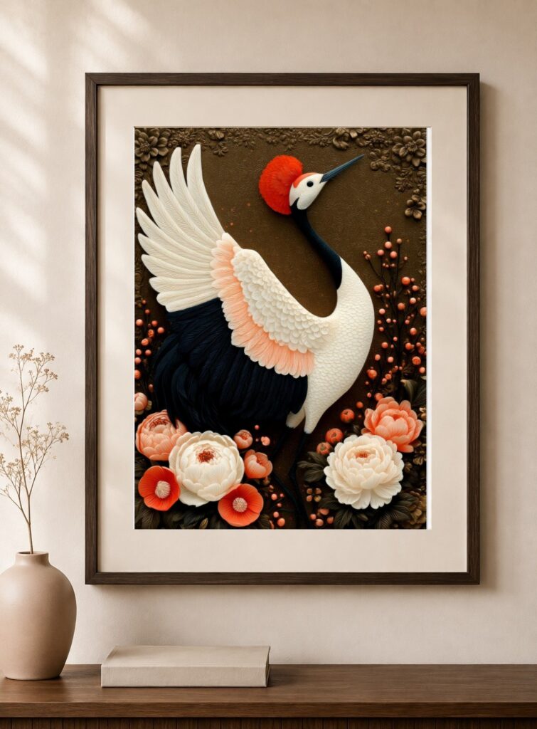 Japanese Crane, Coral Red Gold Art Print