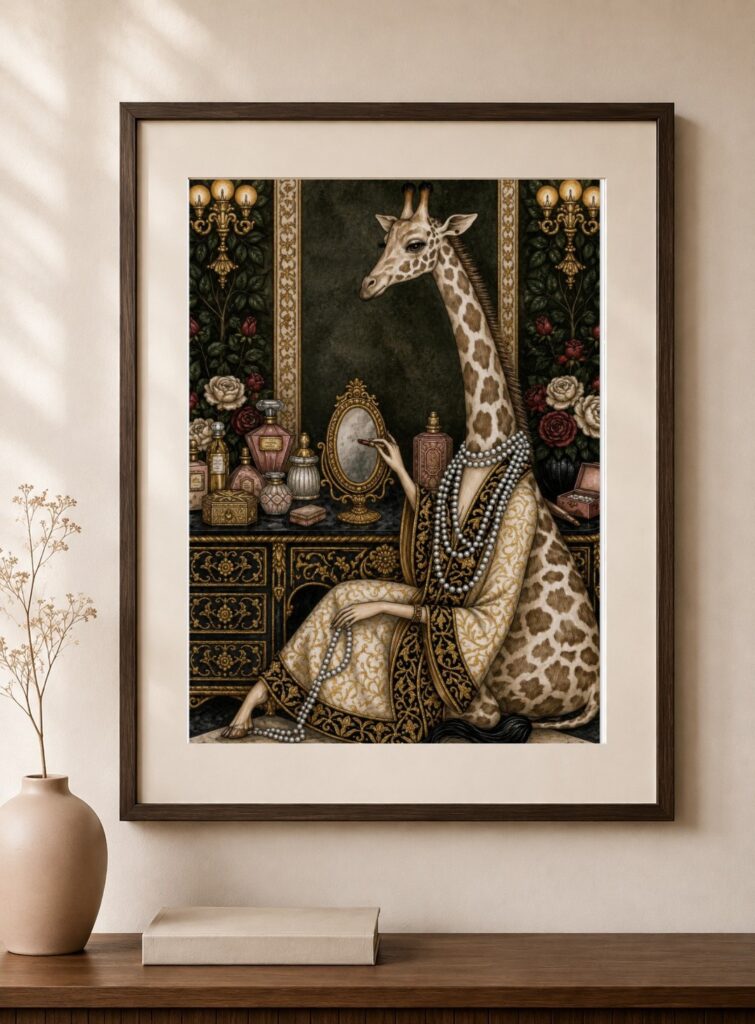 Dark Glam Giraffe, Pearl Jewelry Ornate Art Print
