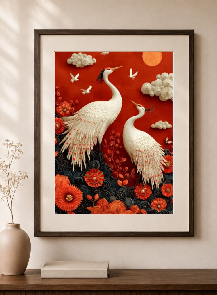Japanese Crane, Red Sun Folk Art Print