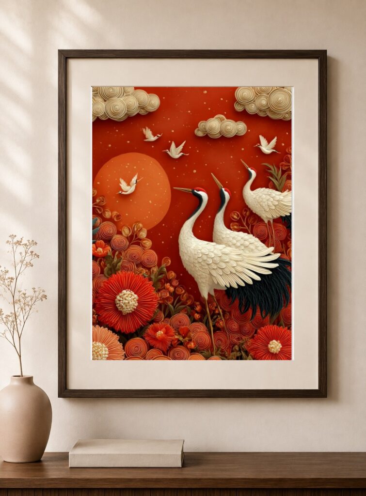 Japanese Cranes, Red Sun Floral Art Print