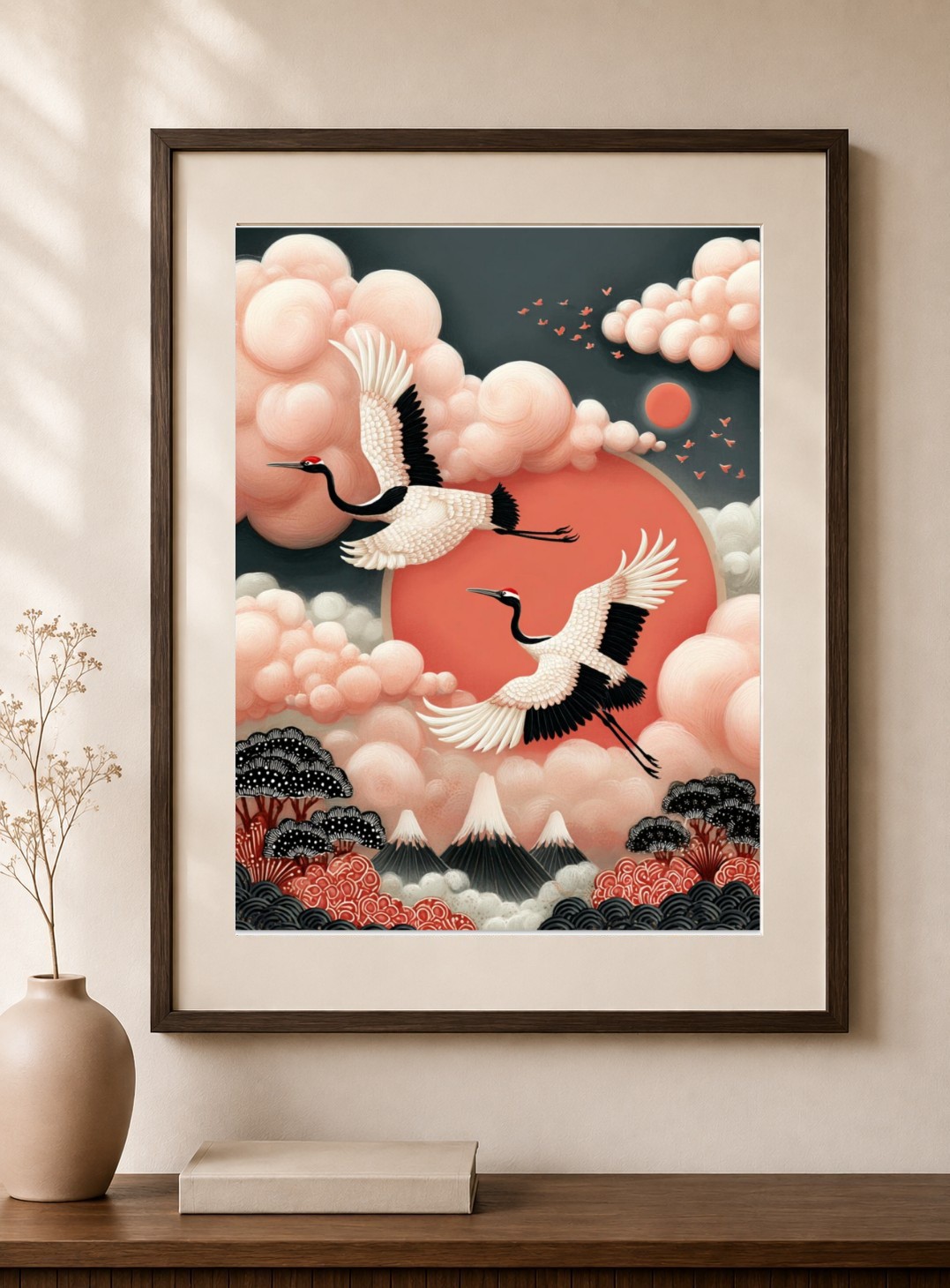 Japanese Crane, Red Sun Japandi Art Print