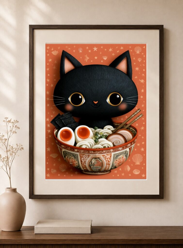 Black Cat Ramen Art Print