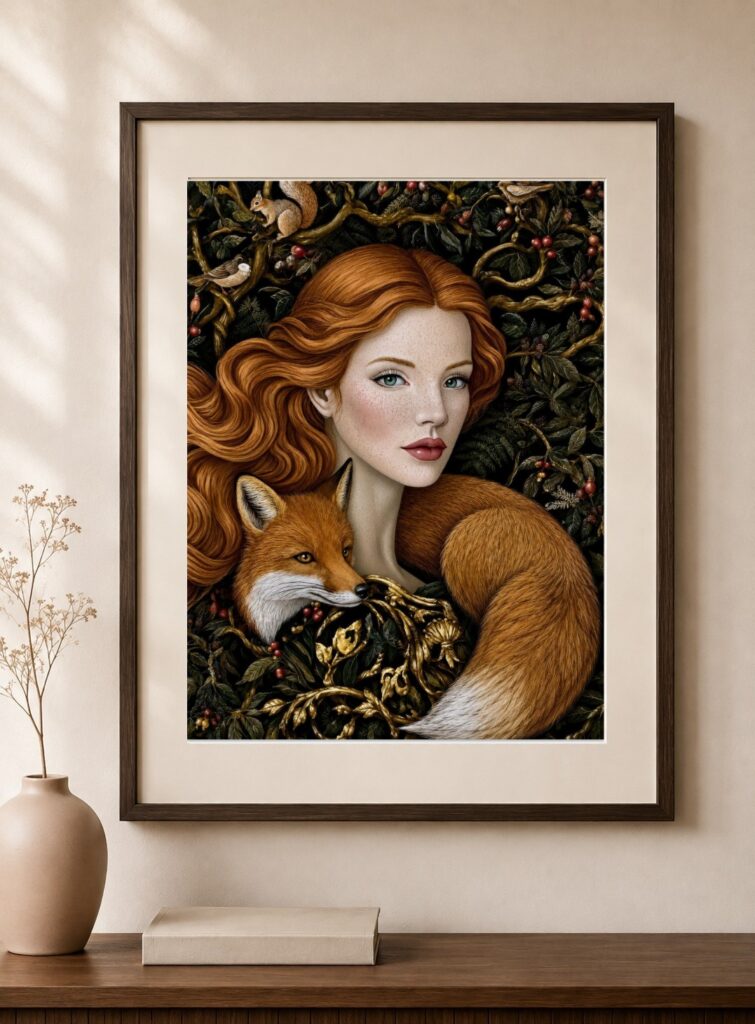 Copper Haired Woman Fox Folk Art Print