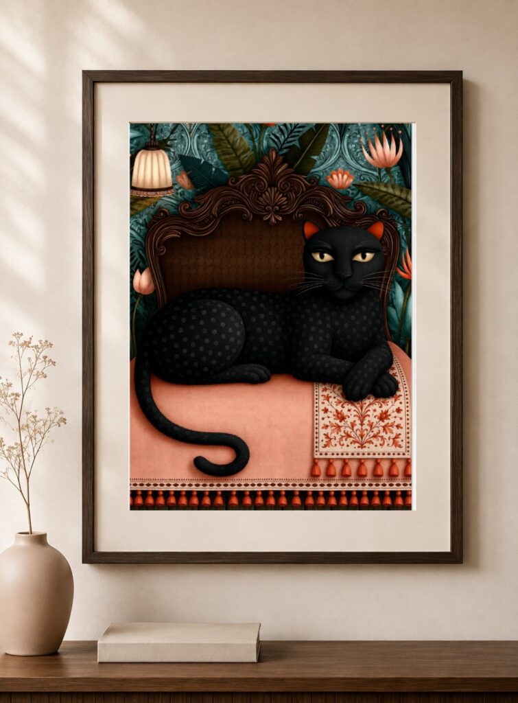 Black Cat Regal Sofa Art Print
