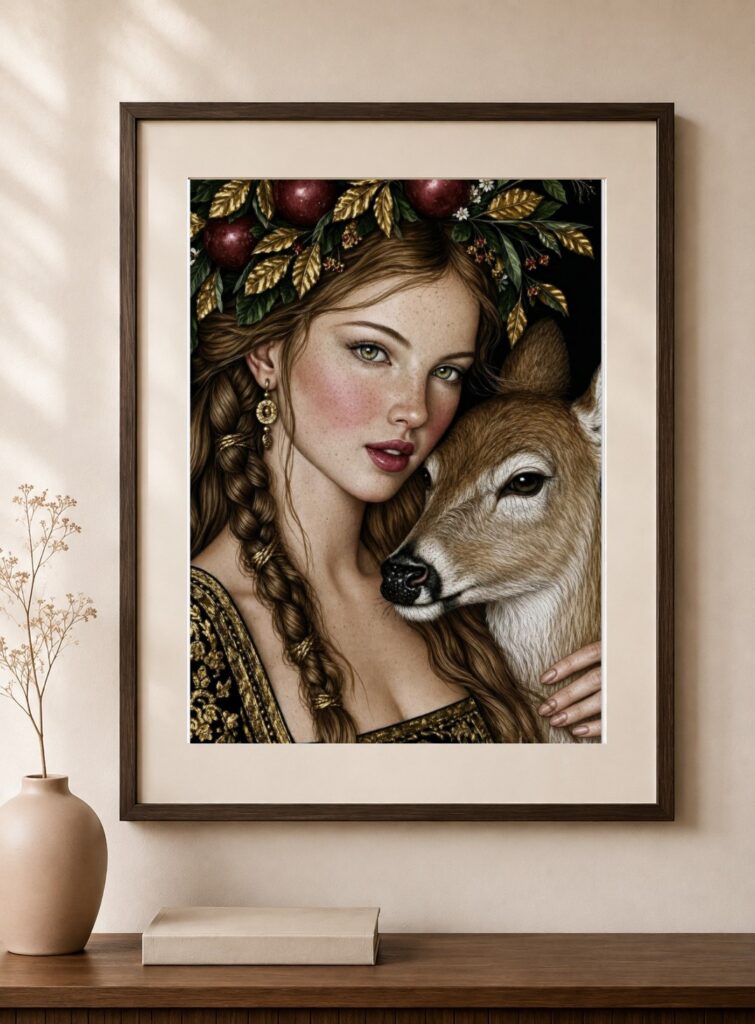 Woodland Woman Deer Art Print
