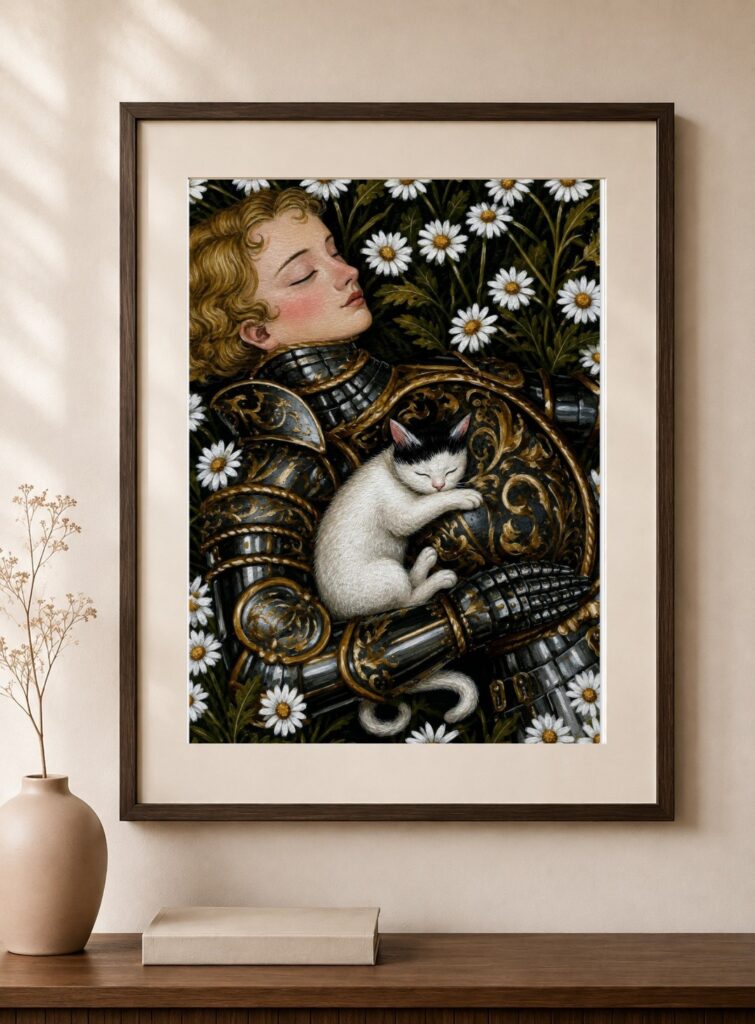 Cottagecore Knight Cat Art Print