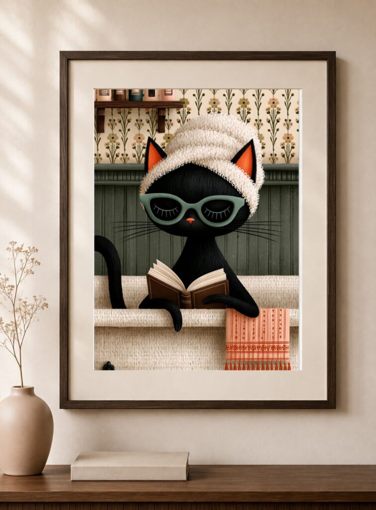 Black Cat Bathtub Art Print