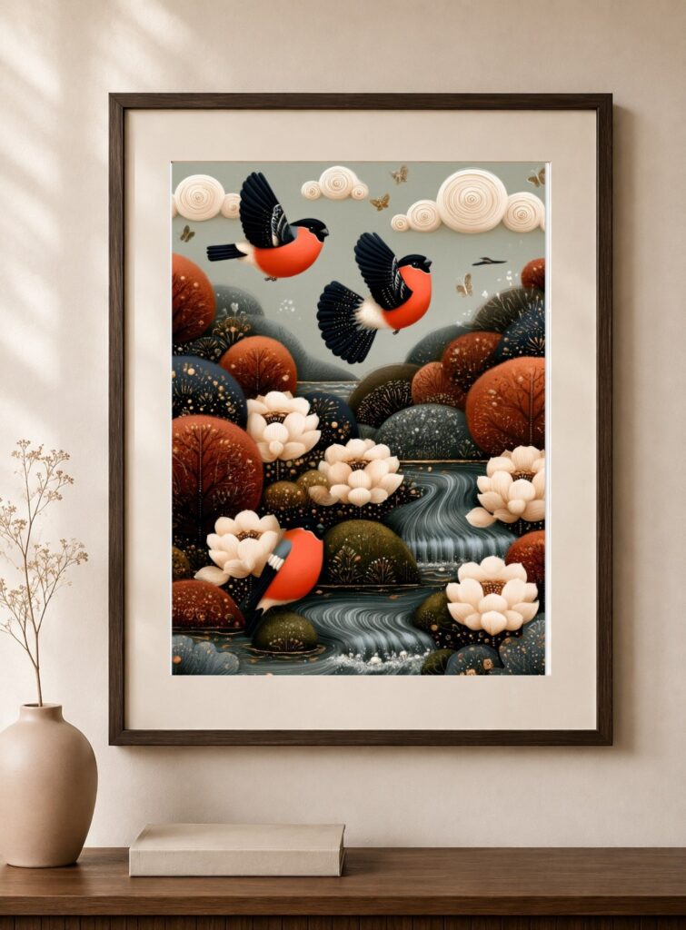 Bullfinch Folk Bird Art Print