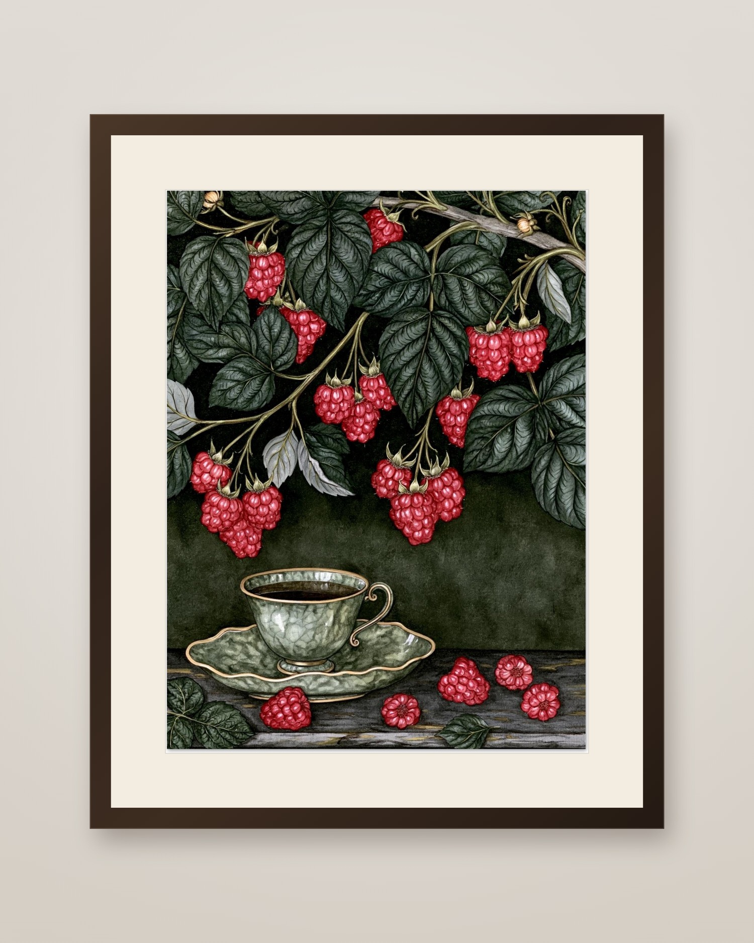 Raspberry Branches Art Print in a dark wood frame with cream mat