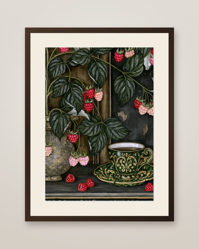 Raspberry Emerald Teacup Art Print in a dark wood frame with cream mat
