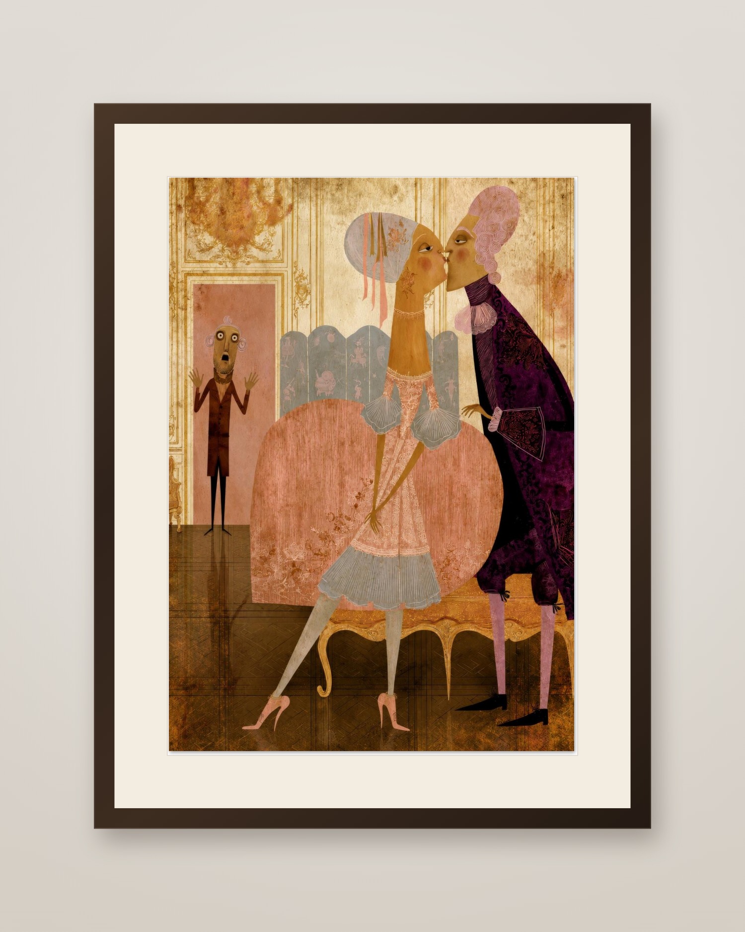 Rococo Lovers Art Print in a dark wood frame with cream mat