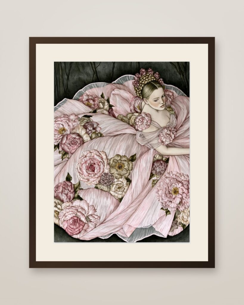 Rose Gown Lady Art Print in a dark wood frame with cream mat