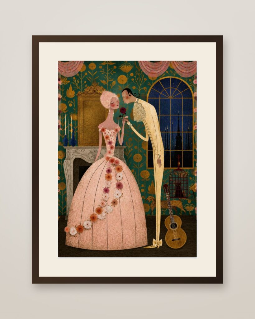 Rose Proposal Art Print in a dark wood frame with cream mat