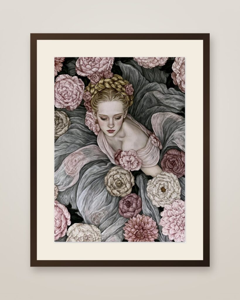 Sleeping Rose Maiden Art Print in a dark wood frame with cream mat