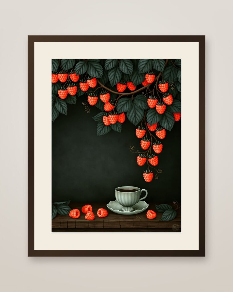 Strawberries and Tea Art Print in a dark wood frame with cream mat