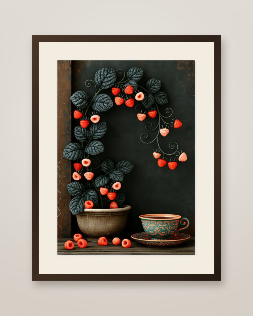 Strawberry Plant Art Print in a dark wood frame with cream mat