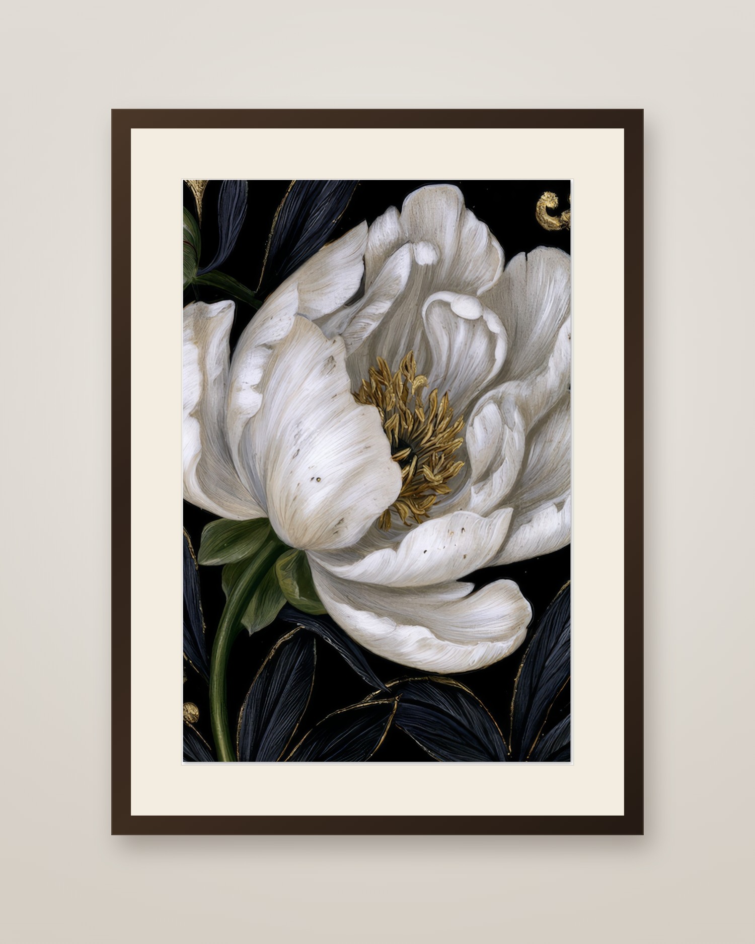 White Peony Art Print in a dark wood frame with cream mat